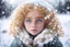 Placeholder: Lonely orphan with big innocent eyes and curly blonde hair and snowflakes in her hair. Lots of big snowflakes. Snowy landscape.