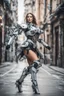 Placeholder: Photography beautiful woman as cyborg dancer wearing dress full mechanical,dancing on street