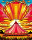 Placeholder: Design a coloring image featuring a vibrant circus tent set against a beautiful sunset backdrop.