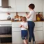 Placeholder: Realistic photo Russian shorthair beautiful tomboy boyish boylike young mother in future wide hips in kitchen