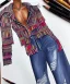 Placeholder: Fashion illustration, fashion drawing, Croquis, Hussein Suleiman, Jefferson Osei, Abderrahmane Trabsini, Fenty, mudcloth denim jacket, kente cloth ripped jeans, flare leg, African American model