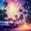 Placeholder: 1980's aesthetic vaporwave palm trees and spheres and Porsche with lightning on fish eye filter