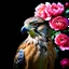 Placeholder: Adobe Prompt: a head study of a bird of prey, side view, surrounded by beautiful peonies, beautiful light, romantic setting, sharp look, shiny feathers, glamour glow, small depth of field. Black background.
