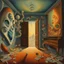 Placeholder: Surreal room of fractured reality where door is open to know-where, floating lurid masks, colorful hallucinatory geometry, surrealism, by Vladimir Kush, by David Seidman, by Yves Tanguy, relentless macabrely fascinating pronounced sense of the strange, thick haze of the liminal congealing into a bomb.