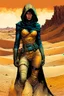 Placeholder: create a fine art print full body illustration of a rugged gritty, roughly textured, hooded, Fremen female warrior with highly detailed feminine facial features, amidst the swirling desert sands of Arrakis, in the comic book art style of Bill Sienkiewicz, and Jean Giraud Moebius, finely textured, drawn, colored, and inked,