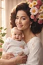 Placeholder: A mother and a beautiful baby with love and compassion, great quality picture show flowers in the background in a romantic scene . 8K, a happily motherhood