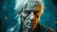 Placeholder: Old Punk 60 years old, portrait, white hair, blue background, gold and silver fragments and particles, glow, glare, old torn cracked canvas, mystical, fine rendering, high detail, sharp focus, 8K