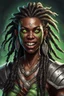 Placeholder: dungeons and dragons character portrait of a shifter female warrior with black skin, dreadlocks, big fangs and green eyes.