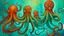 Placeholder: A surreal painting depicting several abstract octopus-like creatures with elongated tentacles in warm, earthy tones against a bright turquoise background