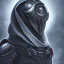 Placeholder: a alien wearing a black hood covering the eyes