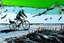 Placeholder: a long-legged lean black-grey monk with ((beak-shaped heads)) (wearing white khiton) riding a bike in front of a spider wreck on a radioactive beach, side view, acrylic painting, minimal art, centered, wild sparse brushstrokes, amazing verticals, great parallels, low bleak colors of gray, green, blue and black, excellent negative space contrasts