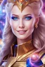 Placeholder: cosmic woman smile, admiral from the future, one fine whole face, crystalline skin, expressive blue eyes,rainbow, smiling lips, very nice smile, costume pleiadian, Beautiful tall woman pleiadian Galactic commander, ship, perfect datailed golden galactic suit, high rank, long blond hair, hand whit five perfect detailed finger, amazing big blue eyes, smilling mouth, high drfinition lips, cosmic happiness, bright colors, blue, pink, gold, jewels, realist, high,rainbow commander