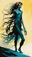 Placeholder: create an imaginative full body print illustration of an ethereal, otherworldly gaunt and withered ancient female Striga monster, in the comic book art style of Bill Sienkiewicz, Mike Mignola, and Jean Giraud Moebius, with highly and finely inked