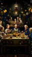 Placeholder: full shot of the astronauts family at a delirious celebration dinner in the Garden of Earthly Delights, small electric light bulbs on the table, birds on the table, grapes hanging, elegant and perfect composition, photo studio portrait, in the style of rembrandt