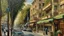 Placeholder: a modern street in Tehran with cafe shops. oil painting