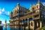 Placeholder: medieval buildings with balconies overhanging lake edge with blue sky and people, photorealism, fantastical, intricate detail, splash screen, concept art