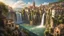 Placeholder: a wide waterfall falling into the middle of a medieval european city. The city is at the bottom at the end of a steep, narrow, 3.000 feet tall ravine. a masterpiece, fantasy concept art, dynamic lighting, hyperdetailed, intricately detailed, deep color, Unreal Engine, volumetric lighting, Epic cinematic brilliant stunning intricate meticulously detailed dramatic atmospheric maximalist digital matte painting