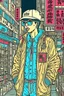 Placeholder: Old school rapper in the style of 90's vintage anime, surrealism, akira style. detailed line art. fine details. inside a 7/11 in tokyo