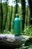 Placeholder: Mint water bottle on a tree trunk in nature, white background