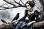 Placeholder: hyper realistic watercolor art style with ink of a steampunk gothic style young woman. She is like doll with pale skin, big dark eyes, tiny nose, tiny mouth, dark hair in gothic dress sitting on a dry tree branch. deep, dark colors, her face is melancholic, surreal with mysterious elements. fog, barren landscape, crows in the gray sky, thriller, weird style, smooth blending, extremely detailed, realistic textures, cinematic, dramatic lighting