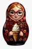 Placeholder: draw a Russian matryoshka doll in the style of Khokhloma, the matryoshka is smiling, the matryoshka has a icecream in her hands, a frontal angle, a picture on a white background, the matryoshka is drawn entirely, a highly detailed 3d picture