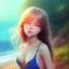 Placeholder: Little girl day, sunny, relaxing, sea, trees, real details anime style, realistic, glowing beach