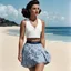 Placeholder: she is wearing a swimsuit crop top and high-waisted balloon bottom with a kilt pattern on a paradise beach shorts for Vogue UK, 1950 special summer beach issue