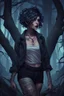 Placeholder: tattooed vampire girl showing fangs with short cropped curly cyberpunk hair wandering in tangled forest in the moonlight