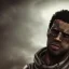 Placeholder: badass black man, long curly black hair, scar on eye, hooded, post-apocalyptic, realistic, intriacte detail, sci-fi fantasy style, volumetric lighting, particales,highly detailed,cinamatic, deep colours,8k