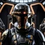 Placeholder: star wars bald male corellian pilot wearing dark gunmetal grey and black First Order special forces TIE pilot armored flightsuit and helmet with gold trim inside the jedi temple, centered head and shoulders portrait, hyperdetailed, dynamic lighting, hyperdetailed background, 8k resolution, volumetric lighting, light skin, fully symmetric details