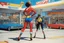 Placeholder: one woman in bright colorful and checkered (high res photo by Ralph Steadman in the 70ties) super heroine in leotard (chevron, lycra, nylon, spandex, tights) stops a massive violent thief at a gas stations, she is the queen of jujustu