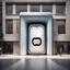 Placeholder: dramatic surreal doorway to a Apple store that is shaped like a giant smart phone, Apple Inc Logo in window, dramatic modernist architecture, stylish, hyperrealistic, photoreal, HD, neo-art deco design