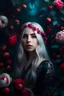 Placeholder: young woman with long white hair dark moody art with spring feel and color, pomegranate tree in background pink roses with flower headdress, hyper realistic maximalist concept art