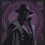 Placeholder: warlock, black hat, black mask with ash purple patterns, black trench coat with ash purple patterns, dark, ominous, ash purple, grey background, profile picture, simplistic design