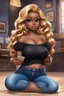 Placeholder: Create a magna art of a black chibi curvy female sitting on the floor looking at her cell phone. She is wearing tight blue jeans and a black off the shoulder blouse. Prominent make up with lush lashes. Highly detailed wavy ombre blonde and brown long hair. She is also wearing silver large hoop earrings