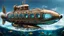 Placeholder: An extreme cyber steampunk glass and metal submarine in the ocean, with large of water surrounding it. The submarine bottom positioned in the center of the frame, providing a unique perspective on this streamlined high-techstructure and interior equipment underwater, high detalied, sharp focus, best shot, sci-fi mood