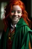 Placeholder: A Lively girl with red hair and green eyes and she is wearing a hogwarts robe