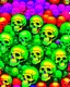 Placeholder: a field of skulls, multi colored, bright, vivid, psychedelic, high detailed, matte, bunches and bubbled up clumps, horrorcore, vines, unsettling contrast