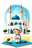 Placeholder: illustration of mosque for children rhyming book with a white background and a cute boy with a sheep along praying mat mosque should be colourful the sheep should be visible