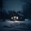 Placeholder: analog film style - A small, solitary house centered in a tranquil, snowy landscape at night lit by ambient twilight. The house is dimly cool lit from the inside, casting a soft glow on the fresh snow around it. The background features tall, icy trees shrouded in a gentle twilight, with subtle hints of snow falling silently. The scene is quiet and still, evoking a sense of liminal isolation in the midst of a cold winter's evening.