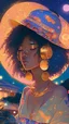 Placeholder: universe meets summer night, soulful asian girl, afro, gold jewellery, hat, music, lofi tones, lofi hip hop vibes