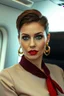 Placeholder: very feminine, brunette 50 year old sexy European stewardess with pixie cut and strong, seductive makeup, smoky green eyes, thick pouty red inviting lips and large golden earrings who looks like Elodie Cherie