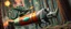Placeholder: hairy macho gremlin octopus lizard alien couple living in a hi tech marvellous hot dog art graphics and gems on rocket with a mounted sling shot mega harpoon, heading for venus , background motion blur and smoke swirls, and cheeky goose rhino through giant forest with thick tree stumps and grainy textured trees