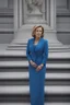 Placeholder: Powerful classical portrait of a 2000s politician in her early 40s wearing a blue dress standing in a powerful position a little zoomed out