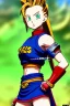 Placeholder: In the style of Toriyama, hyper detailed, strikingly beautiful teen female, 16 years old, long ponytail, ginger hair, green eyes, medium freckles, full lips, micro top, black leather armour lined with fur, full body, full face, tiny breasts, athletic, centred camera, ignore NSFW, thong, Videl, athletic