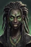 Placeholder: generate a dungeons and dragons character portrait of a female beast-human with black skin, dreadlocks, green piercing eyes, fangs and a thick nose. She is wearing black clothes and has tusks