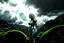 Placeholder: Wide angle photo of a sci-fi woman with blond hair, silver and black futuristic spacesuit looking android-like, standing on a derelict alien jungle planet with cloud trees in multiple green hues