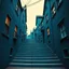 Placeholder: Fotografia di strada assurda e falsa orripilante blu weirdcore dai colori vivaci, liminalcore. Escher. Confusione geometrica. Scale che scendono. Yves Tanguy. Non luogo falso, inusuale. Le case sono false e dipinte di nero chiaro con cose stilizzate e dettagli. Ci sono finestrelle false quadrate, che danno un senso distopico e molto surreale, disposte in modo casuale. L'atmosfera generale sembra noiosa e onirica, con un contrasto tra elementi reali ed elementi dipinti falsi, René Magritte