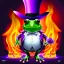 Placeholder: frog wearing a top hat watching flowers burn with a purple flame, digital art