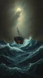Placeholder: Rain and storm in an ocean with high waves , a big ship is sinking , Bosch painting style, nightmare , all In dark brown background